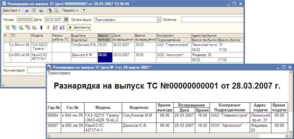 Пример отчета после интеграции мониторинга транспорта с 1С